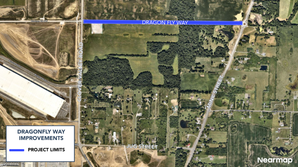 A map shows where the city will be constructing a new east/west roadway between Clover Valley Road and Mink Street to connect both corridors.