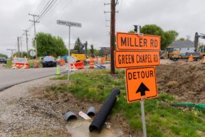 Construction signs at the intersection of Green Chapel Road and Clover Valley Road
