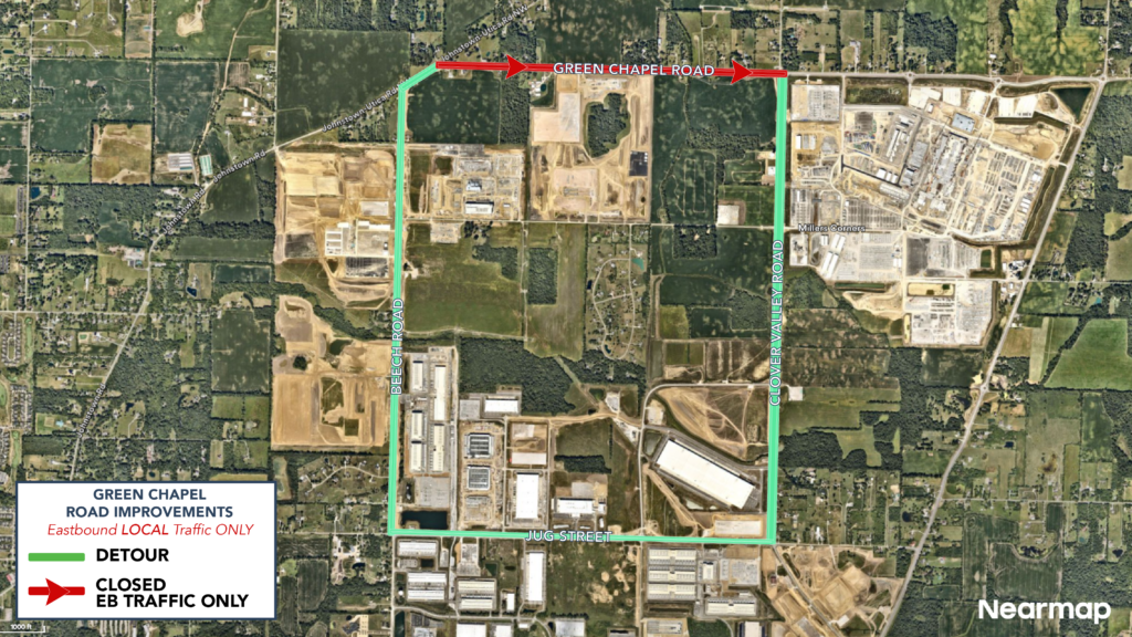 Map of Green Chapel road improvements shows detour along Beech Road, Jug Street and Clover Valley Road to avoid Green Chapel Road construction